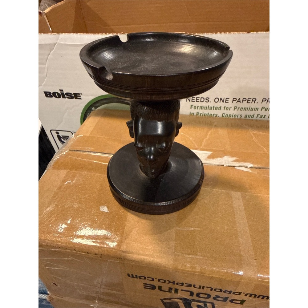 Vintage Hand Carved African Ebony Wood Pedestal Ashtray Bust Figurine Folk Art